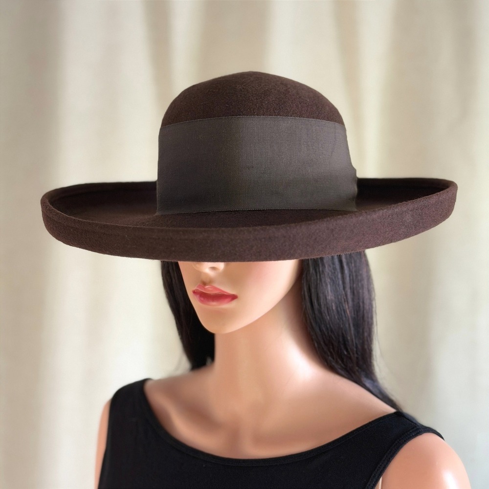 Vtg 70s Sonni Brown 100% Wool Wide Brim Hat Lancaster Made in USA Ribbon Bow Mod